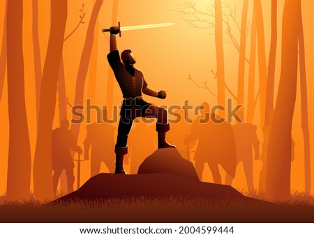 Vector illustration of the young king Arthur holding the excalibur