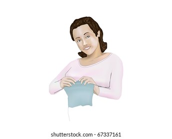 Vector illustration of young knitting woman