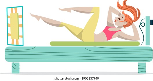 vector illustration - young lady doing Pilates exercise on a reformer