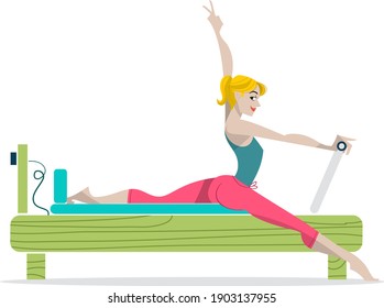 vector illustration - young lady doing Pilates exercise on a Reformer