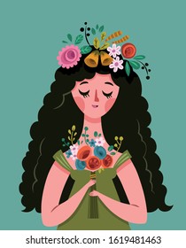 Vector illustration of a young Lady and flowers.
