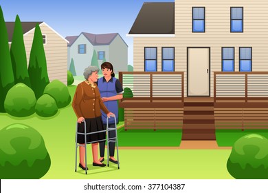 A vector illustration of young lady helping elderly woman using walker 