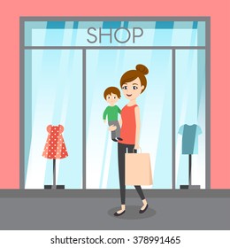 Vector illustration of young lady with her son and shopping bag. Shop window background.Family shopping.