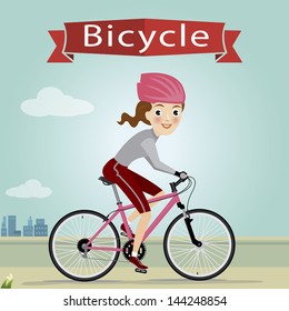 vector illustration of young lady riding bicycle.