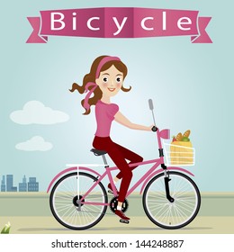 vector illustration of young lady riding bicycle.