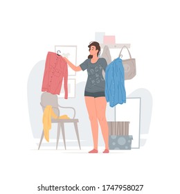 Vector illustration of young lady standing near chair in cozy dressing room at home and choosing between red and blue shirt before going out. Flat style cartoon character