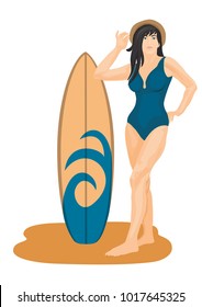 Vector Illustration of young lady with surf, she is wearing
 a blue bathing suit and a straw hat
