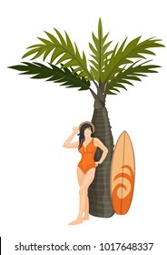 Vector Illustration of young lady with surf, she stand
 near a palm tree, she is wearing
 an orange bathing suit and a straw hat
