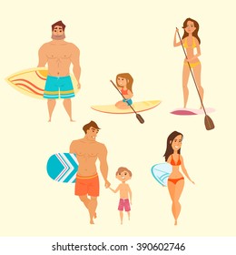 Vector illustration of young lady surfing isolated. Set of different people on summer vacation. Beach and water sport activities cartoon characters: dad and son, cute little girl, man, young woman.