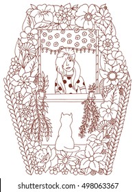Vector illustration young lady in a window among the flowers. Brown and white.