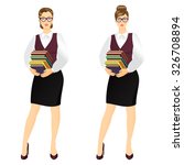 Vector illustration of young  librarian holding stack of books