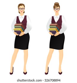 Vector illustration of young  librarian holding stack of books