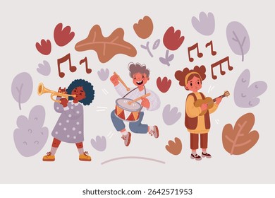Vector illustration of young little girl with curly hair playing guitar. Funny little kids with guitar, trumpet and guitar, ukulele. School orchestra