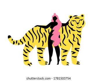 Vector illustration with young long hair woman and funny striped tiger. Trendy female print design with wild animal, home decoration poster, collage minimal graphic art