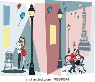 Vector illustration of young lovers with Paris background. 