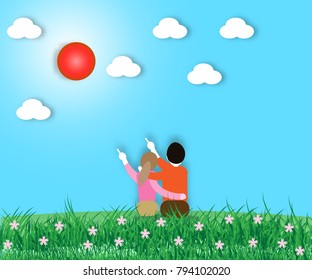 Vector illustration of young lovers sitting hugging each other in the garden of flowers - love concept.