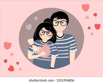 Vector illustration, young lovers, wearing cute glasses, wearing blue shirts with white stripes, and pink hearts, cute, sweet