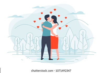 Vector illustration - young loving couple in park, with forest, trees and hills on background. Banner, poster template with place for your text.