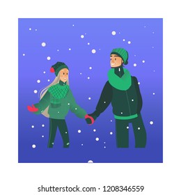 Vector illustration of young loving couple walking under snowfall in winter evening in cartoon style - romantic scene of happy smiling man and woman in warm clothes having date outdoors.