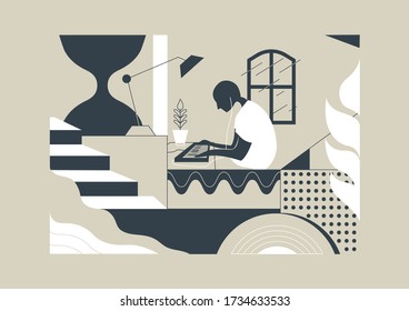 Vector illustration of young is making music on keyboard at bedroom on 2am o'clock