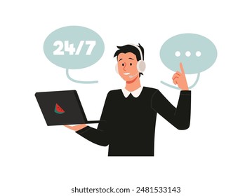 Vector illustration of a young male call center operator holding a laptop with headset and headphones, offering customers technical support 24 hours a day.