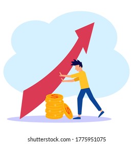 Vector illustration of young male character pushing upright economic chart. Creating a start-up business project. emergence of a career towards success, flat color icons, business analysis.