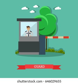 Vector illustration of young male parking assistance or parking attendant standing inside of guard booth. Car guard concept design element in flat style.