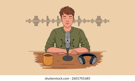 Vector illustration of a young male podcaster recording a show. Podcast microphone, headphones, coffee cup on a wooden table. Audio waveform in the background.