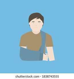 Vector Illustration Of  A Young Male With Right Arm Sling For Suport On Blue Background.