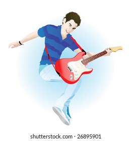 Vector illustration of young male teen jumping with electric guitar isolated