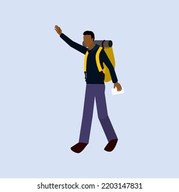 Vector Illustration: A Young Male Traveler Of African Descent Is Waving His Hand