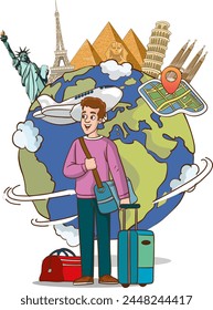 Vector Illustration of young man airplane passenger with two suitcases going on vacation.