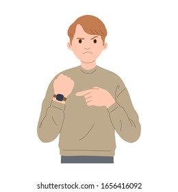 vector illustration of young man with an angry expression pointing at a watch for being late, the concept of a vector illustration is late and does not value time