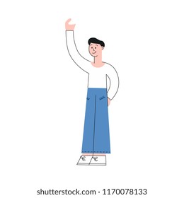 Vector illustration of young man with arm raised up waving or holding something - flat isolated male character standing with hand up showing welcoming gesture or ready to keep object.