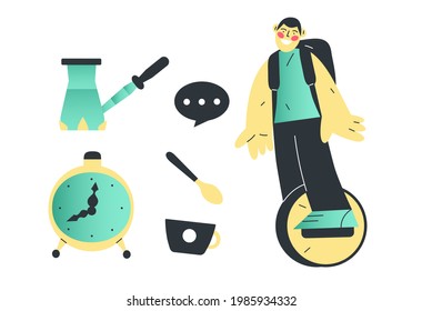 vector illustration of a young man with a backpack rides a monowheel