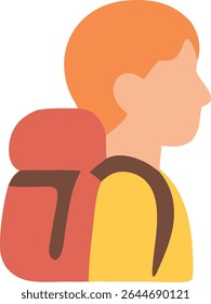 Vector illustration of a young man as a backpacker or hiker in profile view, a flat design character icon for travel, tourism, and outdoor adventure.