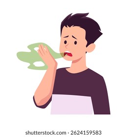 Vector illustration of a young man with bad breath. The character raises his hand and checks the freshness of his breath. Stinky mouth. Bad hygiene. Flat style. Isolated background. Close-up.
