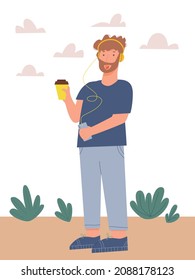 Vector illustration, young man with beard listening to music and cup of coffee in other hand. Walking in the park, street, leisure time, weekend