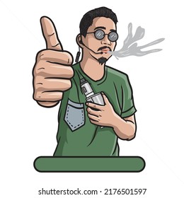 vector illustration of a young man with a beard holding and smoking his e-cigarette blowing out a diffuse stream of smoke, holding up a thumbs up. dark green, white background