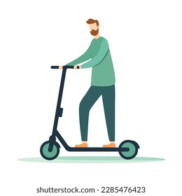 Vector illustration young man with beard riding on an electric scooter. Modern technology sustainable living environment ecology concept