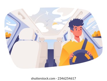 Vector illustration with young man behind wheel traveling on highways and country roads in his car. Car interior, cars inside. Elements of interior - passenger seats, steering wheel. 