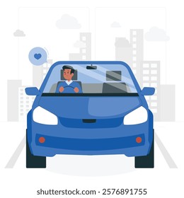 Vector illustration with young man behind wheel traveling on highways and country roads in his car. Car interior, cars inside. Elements of interior - passenger seats, steering wheel.