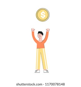 Vector illustration of young man with big golden dollar coin above him isolated on white background - happy smiling flat male character with arms raised and money symbol.