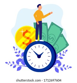 Vector illustration, young man with a big clock and various icons such as wallets, dollars and coins on a white background, the concept of working time management, the awakening of fast reactions.