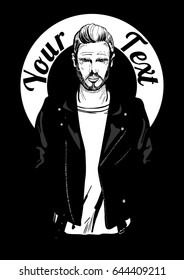 Vector illustration of a young man biker portrait in double rider leather jacket on black background with place for logo, label, or text. Hand drawn modern ink style.