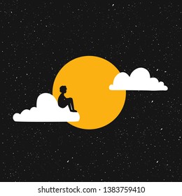 Vector illustration with young man black silhouette sitting alone on the white cloud. Dreams, loneliness concept