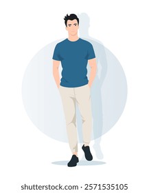 Vector illustration. A young man in a blue t-shirt and beige pants, standing with his legs crossed. Simple background with blue circle.