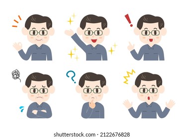Vector illustration of young man. Blue-collar worker. Facial expressions set. 