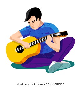 Vector illustration of young man ( boy, teenager) in loose clothes - T-shirt, pants, sneakers with guitar. University students. People learn and relax. Students sitting on grass, play guitar. Friends