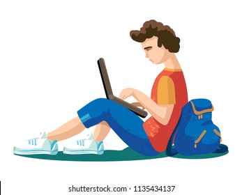 Vector illustration of young man ( boy, teenager) in loose clothes - with gadget laptop and backpack. University students. People learn and relax. Students sitting on grass, work on laptop. Friends